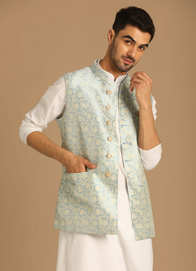 alt message - Manyavar Men Fashionable Blue Jacket image number 0